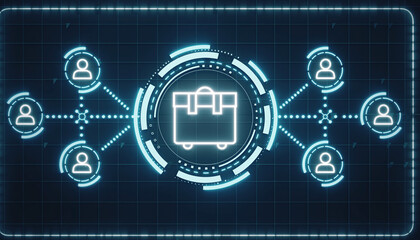 Cybernetic travel network: A digital representation shows luggage bag in the center, connected with diverse individual profiles, symbolizing travel connections and digital journey.