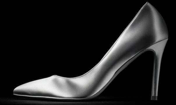 A silver high heel shoe with a pointed toe