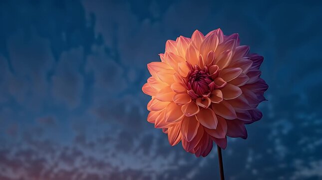 Detailed dahlia bloom with layered petals against a dusky, cloudy twilight sky