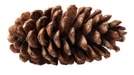 Pinecone with natural brown texture, a detailed view of the elongated coniferous seed head with scales on transparent background