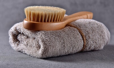 A wooden brush is on top of a towel