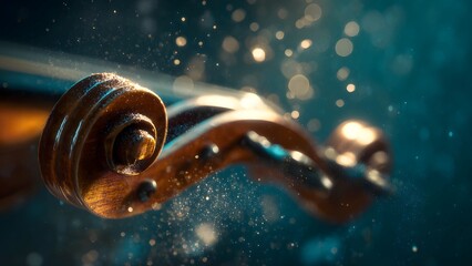 Violin or cello scroll and pegbox of a string instrument. Music studio texture bowed string instrument. Violin scroll and neck, scroll and pegbox of a violin, viola on blur bokeh dark background 