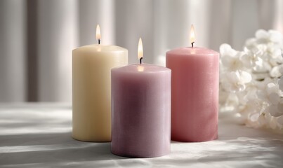 Three candles are lit and sitting on a table