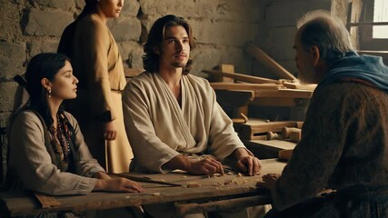 Medieval Artisan and Apprentice: Focused Woodworking Scene with Master and Student in Historic Workshop.
