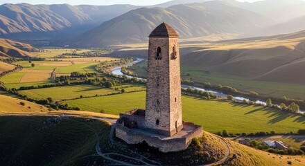 A tall stone tower stands on a hilltop overlooking a green valley with a river. The scene is bathed in warm sunlight.