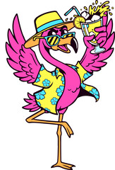 This cool flamingo is living its best summer life — dressed in bold, breezy clothes, sunglasses on, and a fruity drink in its wing. Vacation mode: ON.