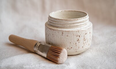 A brush and a jar of cream are on a white table