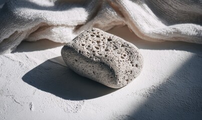 A small white stone sits on a white surface