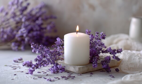 A white candle is lit in a purple flower arrangement