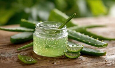 Glass jar with aloe juice and aloe leaf pieces on wooden table. Nature cosmetic and healthcare
