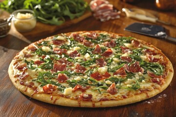 Delicious Prosciutto Pizza with Arugula and Fresh Ingredients.
