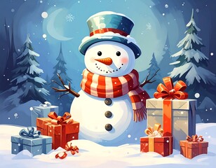 Whimsical snowman adorned with presents in a snowy winter scene