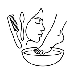 High resolution raster illustrations of beauty salon elements rendered in a single line style featuring a woman face comb spatula and foot bath. Ideal for salon brochures web graphics price lists and