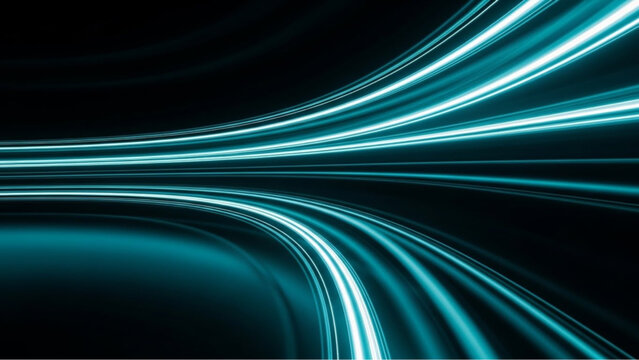 Dynamic, flowing lines of luminous teal energy surge through a vast, dark expanse, evoking a sense of rapid motion and the cutting edge of digital innovation. vector illustration
