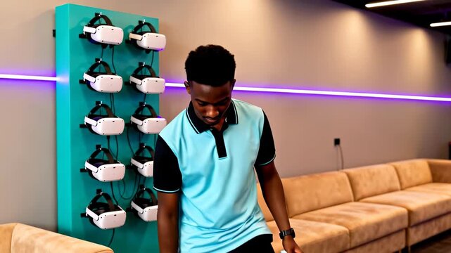 Smiling young Black man holding game controller standing next to wall mount with VR headsets in a gaming room