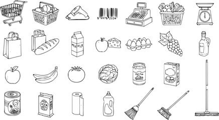 Black and White Line Art Vector Icon Set: Supermarket Grocery Store Food Products, Shopping Cart, Cash Register, and Household Cleaning Items for Retail Industry © naila