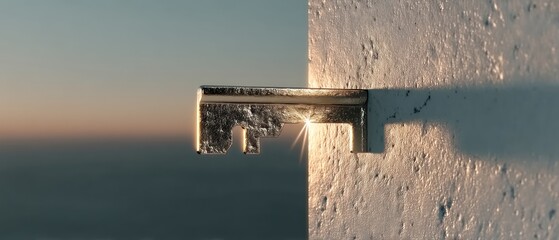 Metallic key in sunlight against a wall symbolizing access and opportunity