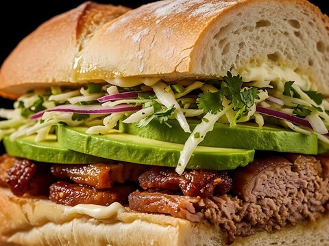 Delicious sandwich with meat, avocado, and vegetables on dark background - Powered by Adobe