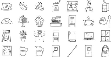 Coffee Shop Cafe Elements Hand-drawn Line Art Vector Icon Set. Outline Black and White Food  Drink, Barista, Equipment, and Interior Doodle Icons for Restaurants.