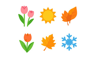 Colorful seasonal icons featuring flowers, sun, leaves, and snowflake