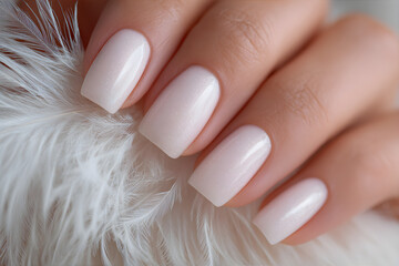 Woman hand with elegant creme manicure, 2026 trending nail art. Fresh and clean nail design concept for beauty and spa industry.