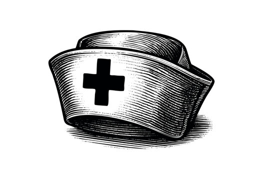 An engraved vintage nurse cap with a cross symbol on a white background &mdash; stock illustration.