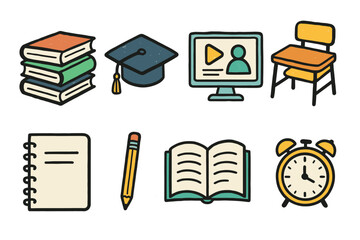 Education essentials: books, graduation cap, computer, desk, notebook, pencil, open book, alarm clock