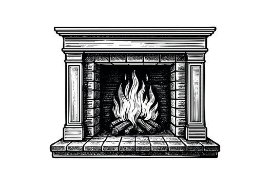 An antique-style fireplace with burning logs is depicted in a detailed monochrome woodcut style &mdash; stock illustration.
