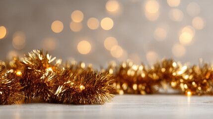 Golden tinsel garland glowing with warm lights and soft bokeh on a wooden surface