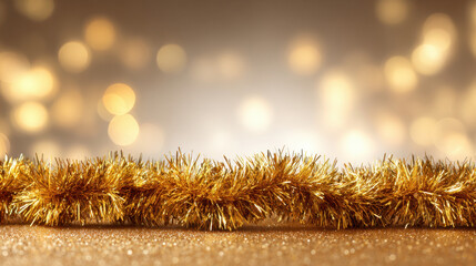 Golden tinsel garland sparkling with warm festive lights on a glittering surface