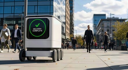 Modern autonomous robotic delivery vehicle showing a successful completion message, navigating a bustling city sidewalk on a bright day. People walk in the background.