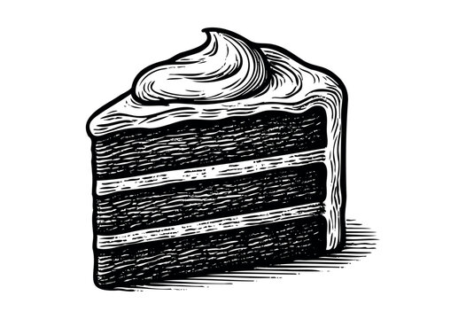 A black and white illustration of a slice of layered chocolate cake with icing, in a vintage woodcut style &mdash; stock illustration.