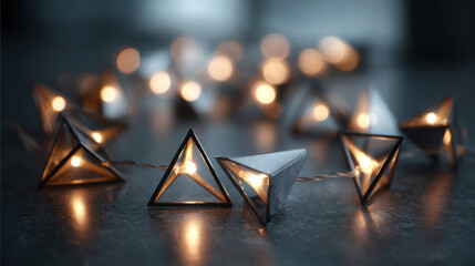 Soft glowing geometric LED garland with triangular metal frames creating a modern ambient atmosphere