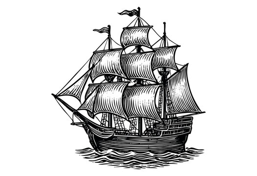 Monochrome drawing of a detailed frigate sailing ship in woodcut style isolated on white background &mdash; stock illustration.