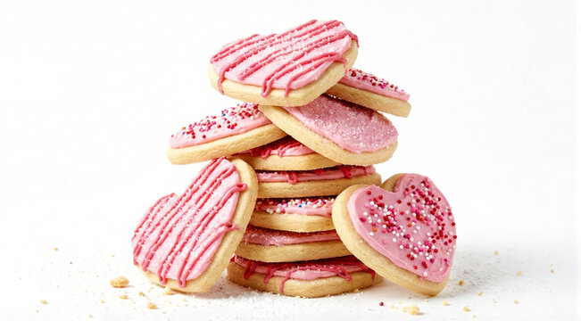 Delicious stack of heart shaped sugar cookies perfectly iced with pink frosting and colorful sprinkles for Valentine's Day celebration - Powered by Adobe