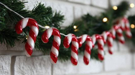 Candy cane garland hanging on evergreen branches with festive red and white striped ornaments