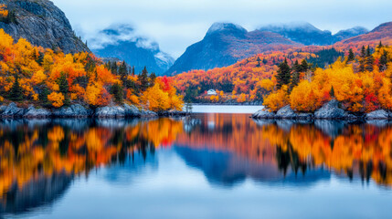 Breathtaking Autumnal Landscape with Vibrant Orange and Red Forests Reflected in Serene Lake, Framed by Mist-Shrouded Mountains and Distant White House