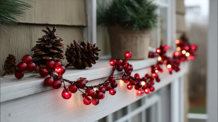 Red berry garland with glowing lights and pinecones decorating an outdoor windowsill in a cozy winter setting