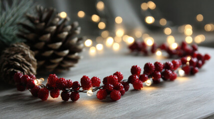 Red berry garland with warm lights and pinecones on a wooden surface, creating a cozy festive atmosphere
