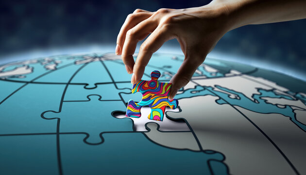 Hand placing vibrant multicolored puzzle piece into world map jigsaw representing global solutions and strategic completion