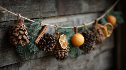 Rustic natural garland with pinecones, dried oranges, cinnamon sticks and evergreen branches hanging on weathered wooden background