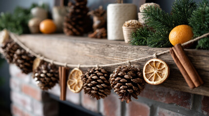 Rustic holiday garland with pinecones, dried orange slices, cinnamon sticks and evergreens decorating a wooden mantel