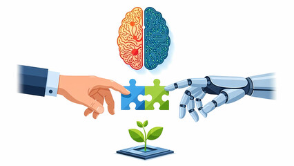Modern flat design illustrations of AI and human collaboration. Concepts like a hand and a robotic hand joining pieces of a puzzle, a brain with both organic and circuit patterns, a plant growing from