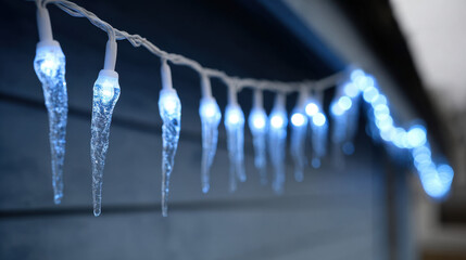 Blue icicle-style LED string lights hanging outdoors creating a cold winter holiday ambiance