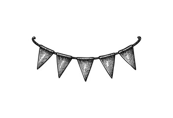 An ink drawing of a festive bunting garland with triangular flags, ideal for birthdays, celebrations, or vintage-themed events — stock vector.