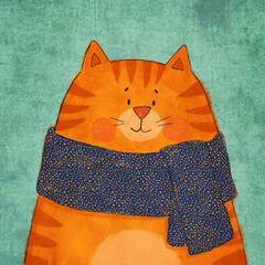 A cute handdrawn orange tabby cat wrapped in a warm blue scarf with tiny dotted patterns for children&rsquo;s books, greeting cards, stickers, and cozy seasonal designs.