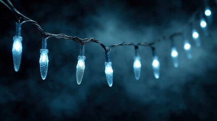 Hanging icicle lights glowing in cold blue tones against a dark atmospheric backdrop