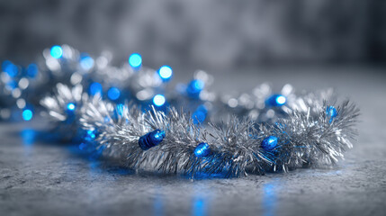 Silver tinsel garland with vivid blue LED lights on a cool gray surface