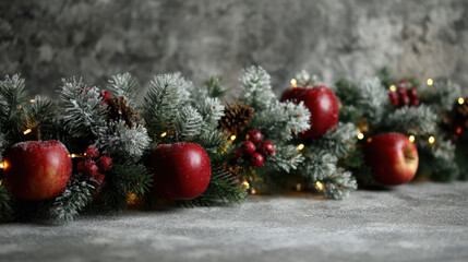 Snow-frosted Christmas garland with red apples, berries, pinecones and warm lights on a textured winter background