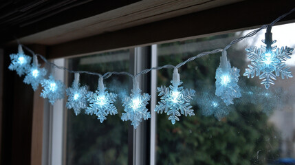 White snowflake LED garland glowing brightly along a window frame with cool winter light reflections
